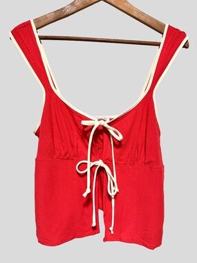 ❤️ 3/$20 ❤️ SIENNA SKY Tie Front Contrast Trim Coral Red Linen Blend Tank Top